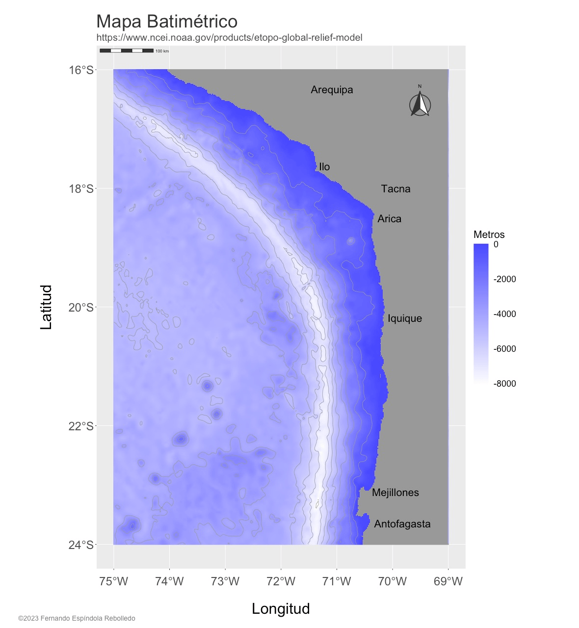 Área de distribución del stock de anchoveta del sur de Perú y norte de Chile, distribuido entre los 16° LS – 24° LS (FUENTE: Modelo Global de Elevación Batimétrico, ETOPO1-NOAA