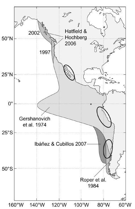 Distribucion de Dosidicus gigas en el oceano pacifico